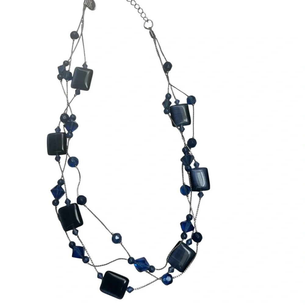 New~ Lia Sophia Cobalt Blue Art Glass Crystal Layered Illusion Necklace Retired